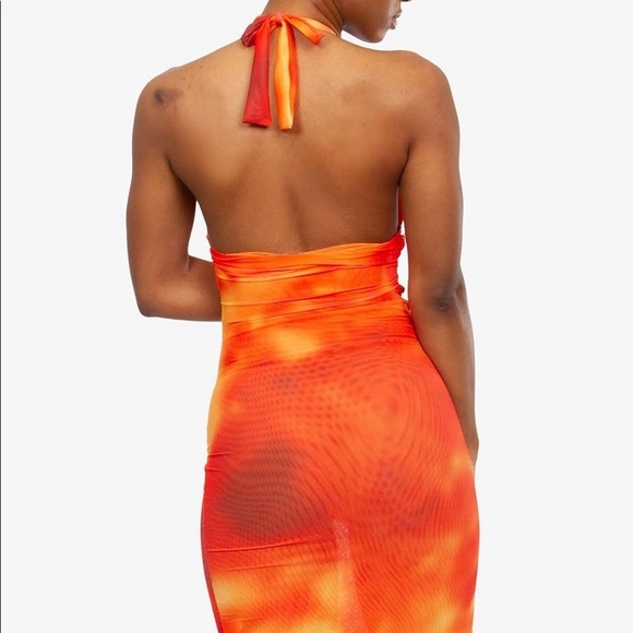 Asymmetrical body con dress orange yellow vacation and beach dress halter new - Picture 4 of 4